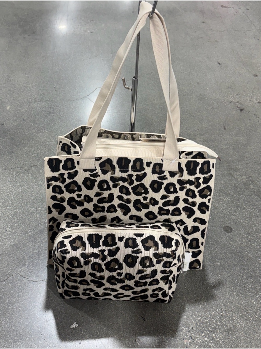 Canvas 2n1 Leopard Print Tote Bag - Cream/Black with pouch included